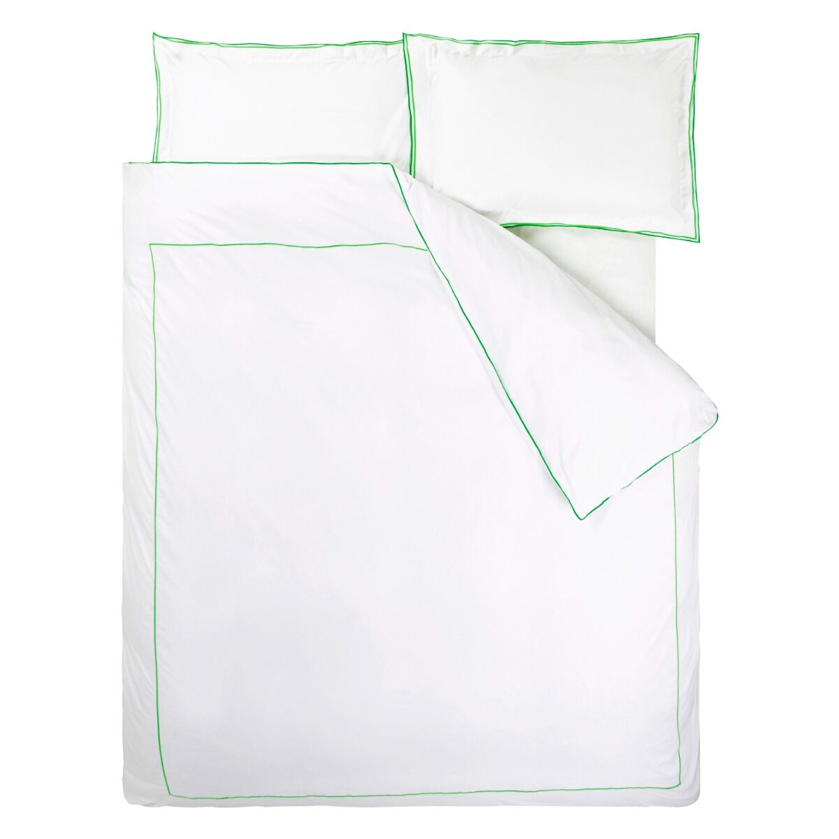 White bedding set with green piping on a white background