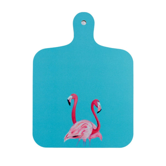 Blue cutting board with pink flamingo design on a white background