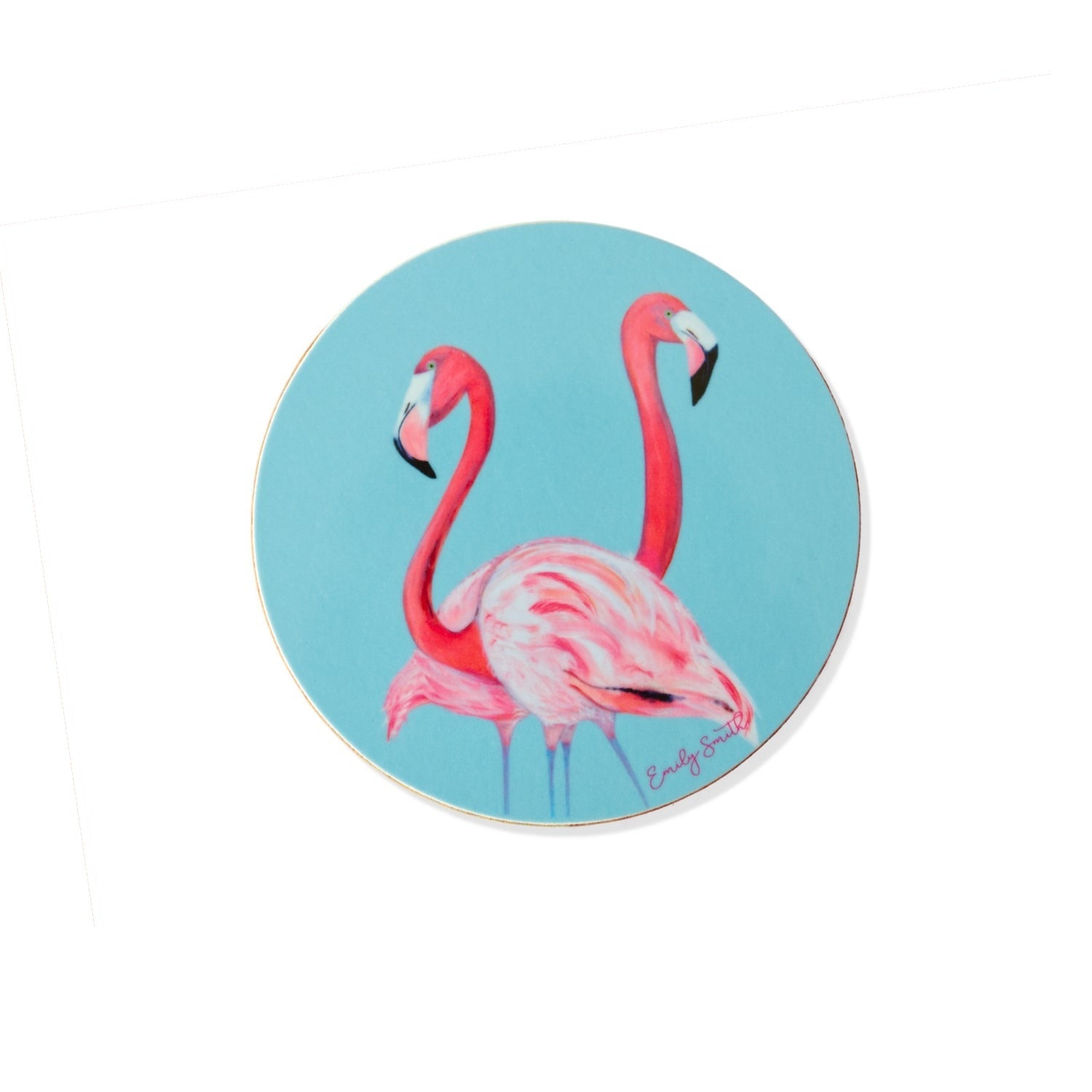 Round coaster with pink flamingo design on a blue background