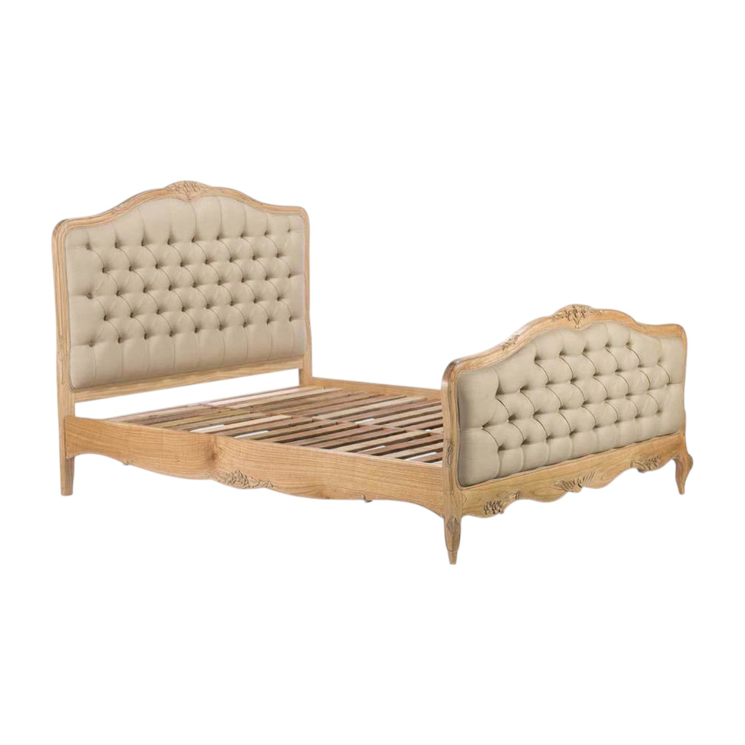 Vintage-style bed with tufted headboard and footboard on a white background