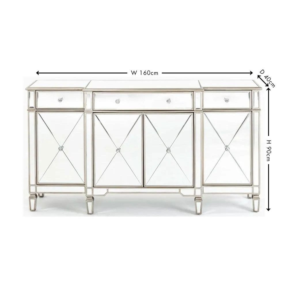Cabinet with mirror panels and dimensions on a white background
