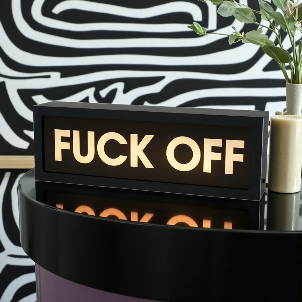 Black box with 'FUCK OFF' text on a decorative shelf with a plant and patterned wall.