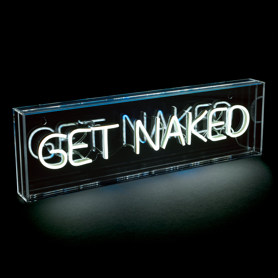 Neon sign with 'GET NAKED' text on a black background