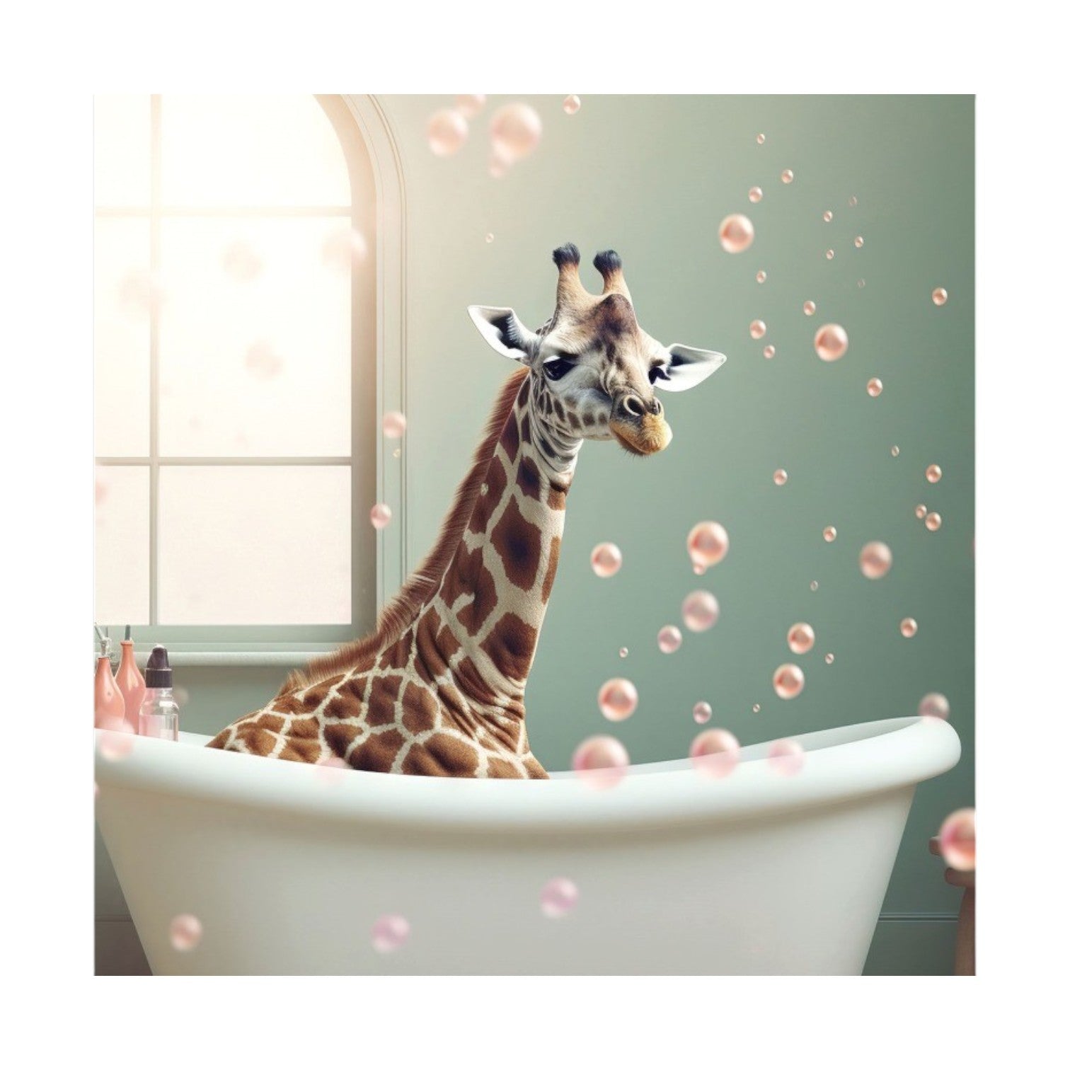 Whimsical wall art depicting an adorable, stylised giraffe lounging in a vintage clawfoot bathtub, surrounded by playful pink bubbles. The giraffe's elongated neck extends gracefully above the tub, creating a humorous and endearing scene. Set against a soft blue background, this compact 30cm x 30cm print adds a touch of charm and lightheartedness to any bathroom or children's space