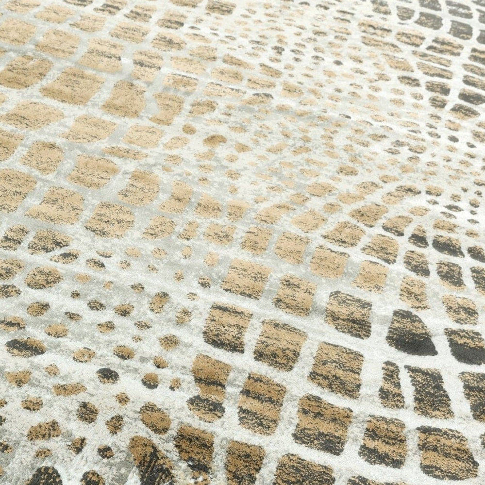 Close-up of a giraffe patterned rug with neutral colors.