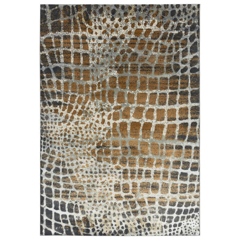 Patterned rug with brown and gray colors on a white background