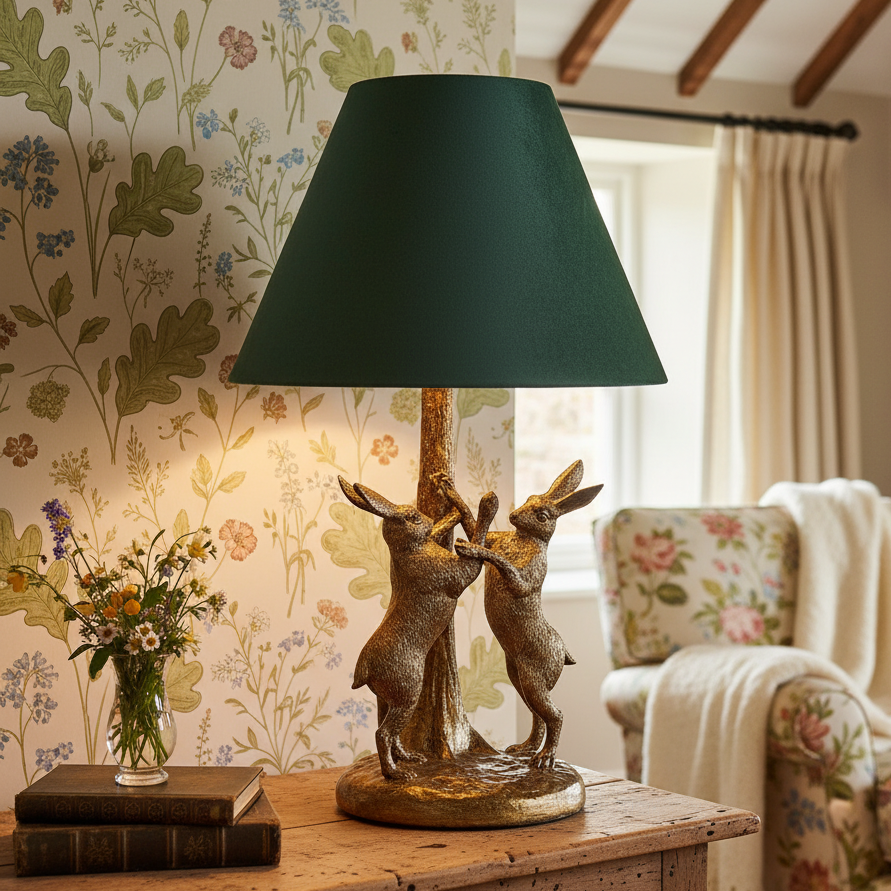 Decorative lamp with green shade on a wooden table in a room with floral wallpaper and armchair.