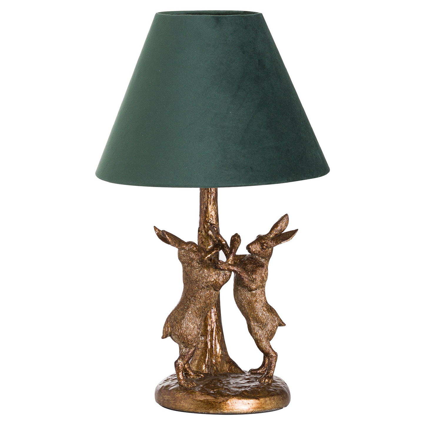 Table lamp with bronze base featuring two rabbits and a green lampshade on a white background
