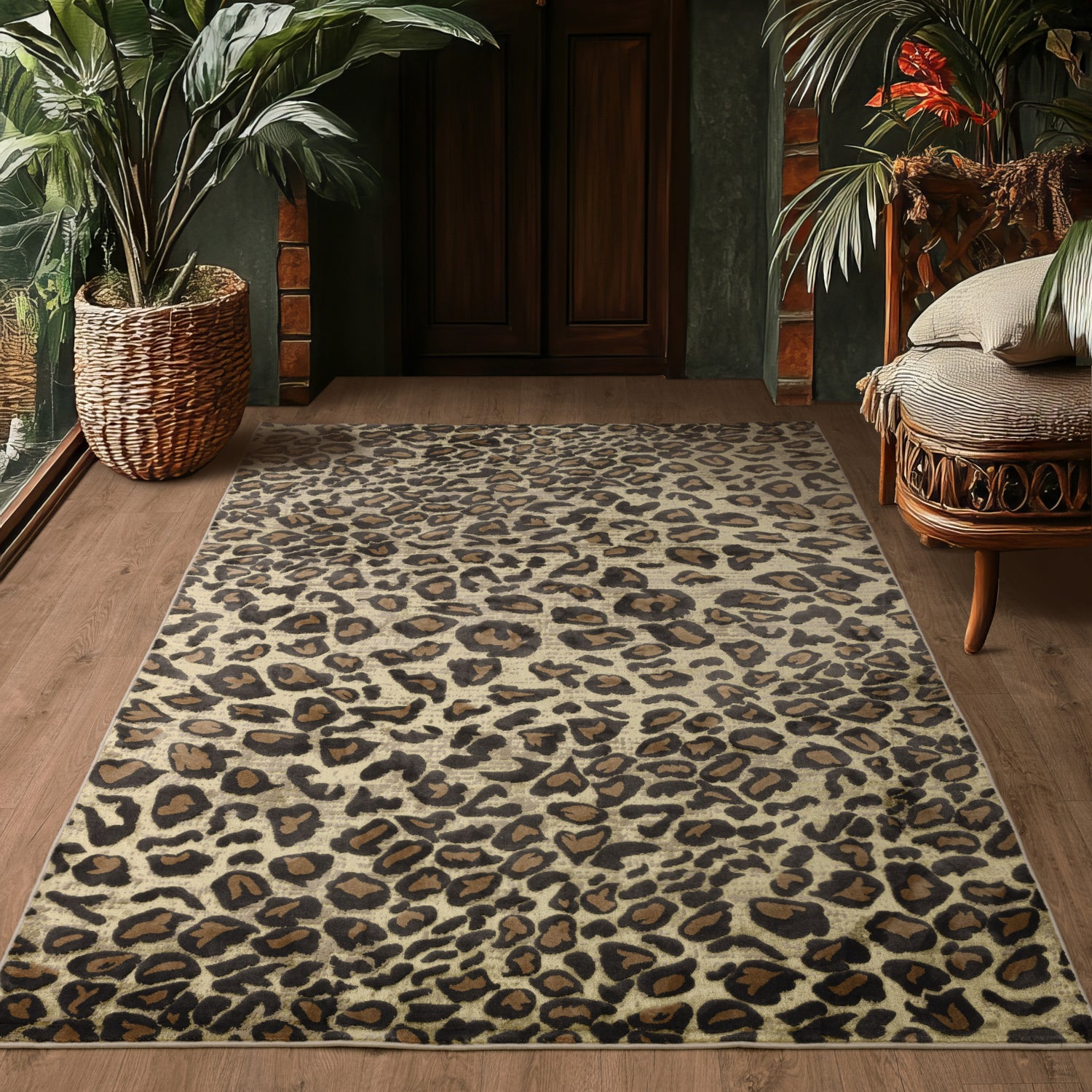 Leopard print rug in a room with plants and a door.