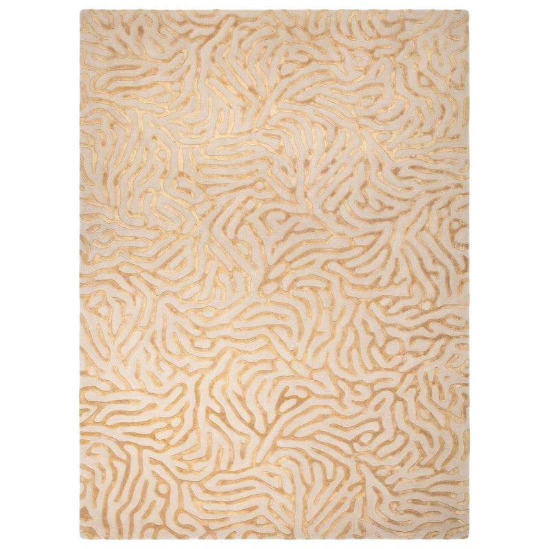 Beige area rug with wavy pattern on a white background