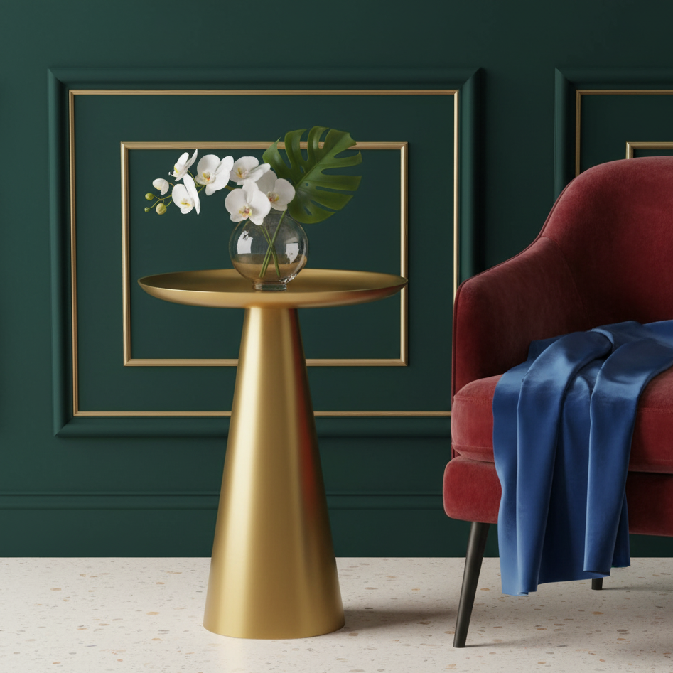 Gold side table with a vase of flowers next to a red sofa with a blue blanket against a green wall with gold-framed art.