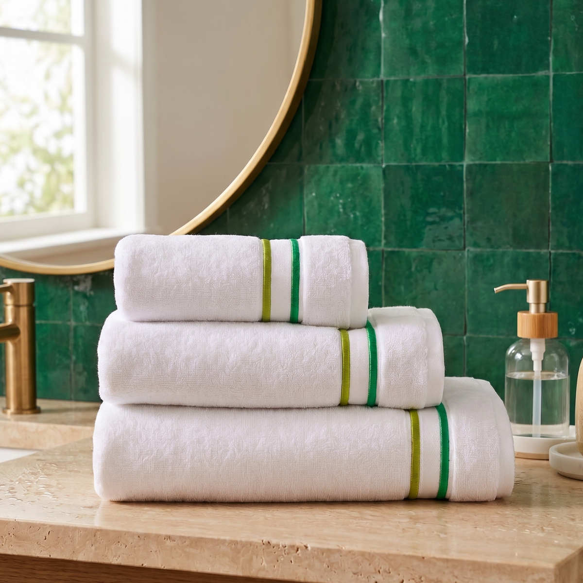 Stack of white towels with green stripes on a wooden surface in a bathroom.
