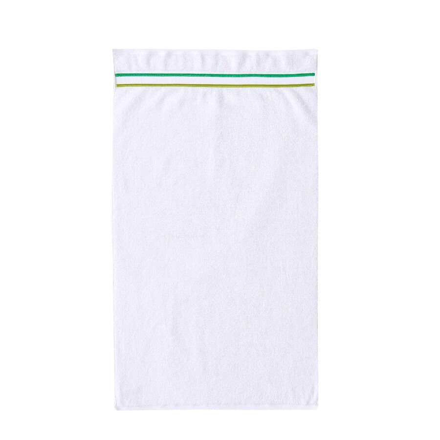 White towel with green stripes on a white background