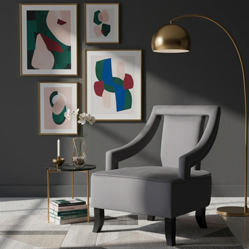 Modern living room with gray armchair, abstract art, and gold floor lamp.