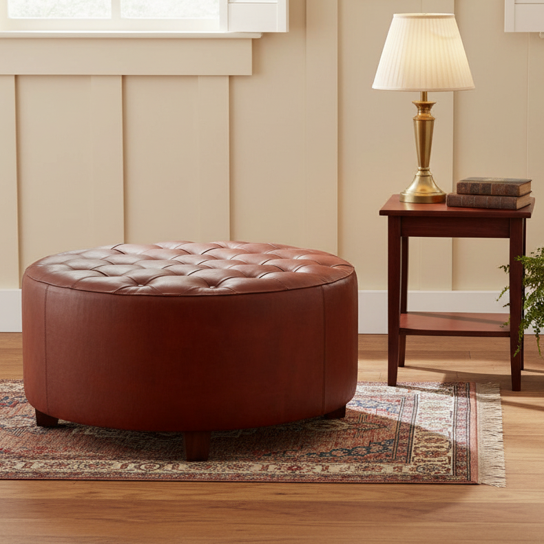 Round brown ottoman in a living room with a lamp and plant.
