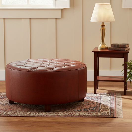 Round brown ottoman in a living room with a lamp and plant.