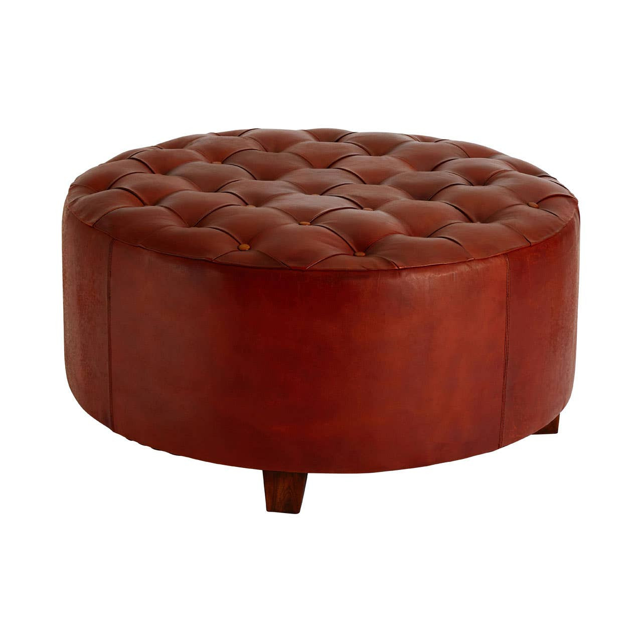 Round brown leather ottoman on a white background