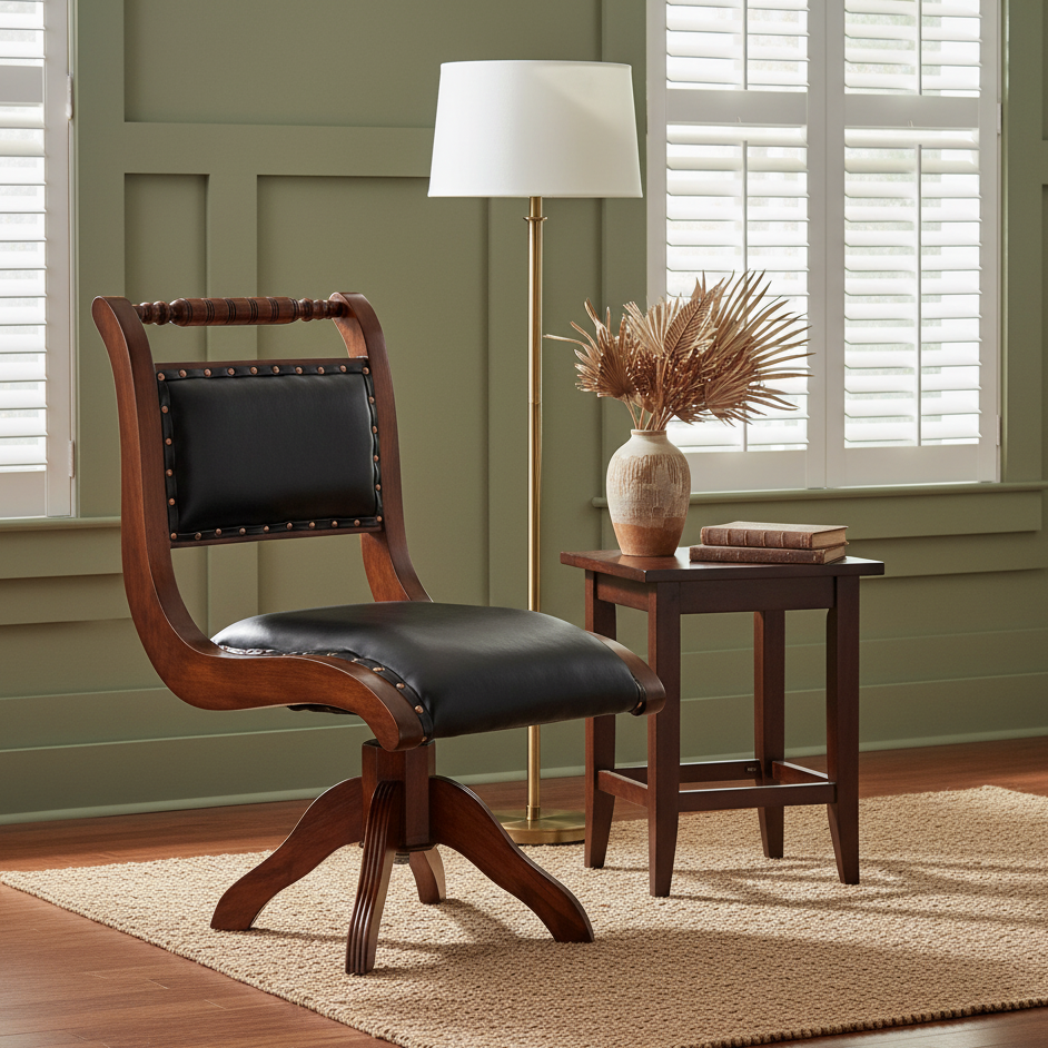 Wooden chair with black leather seat in a room with a lamp and small table.