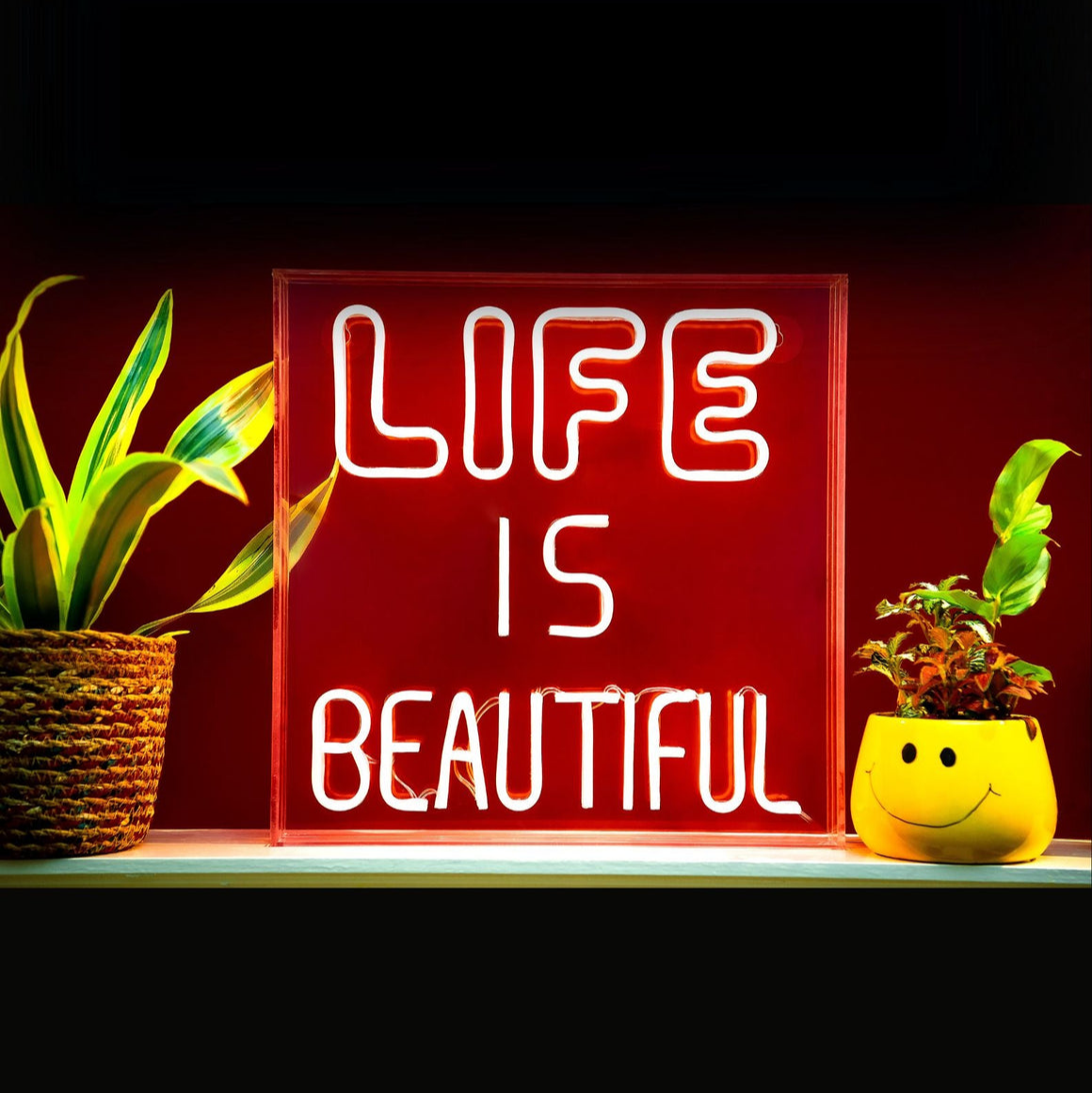 Neon sign with 'LIFE IS BEAUTIFUL' text between two potted plants on a dark background