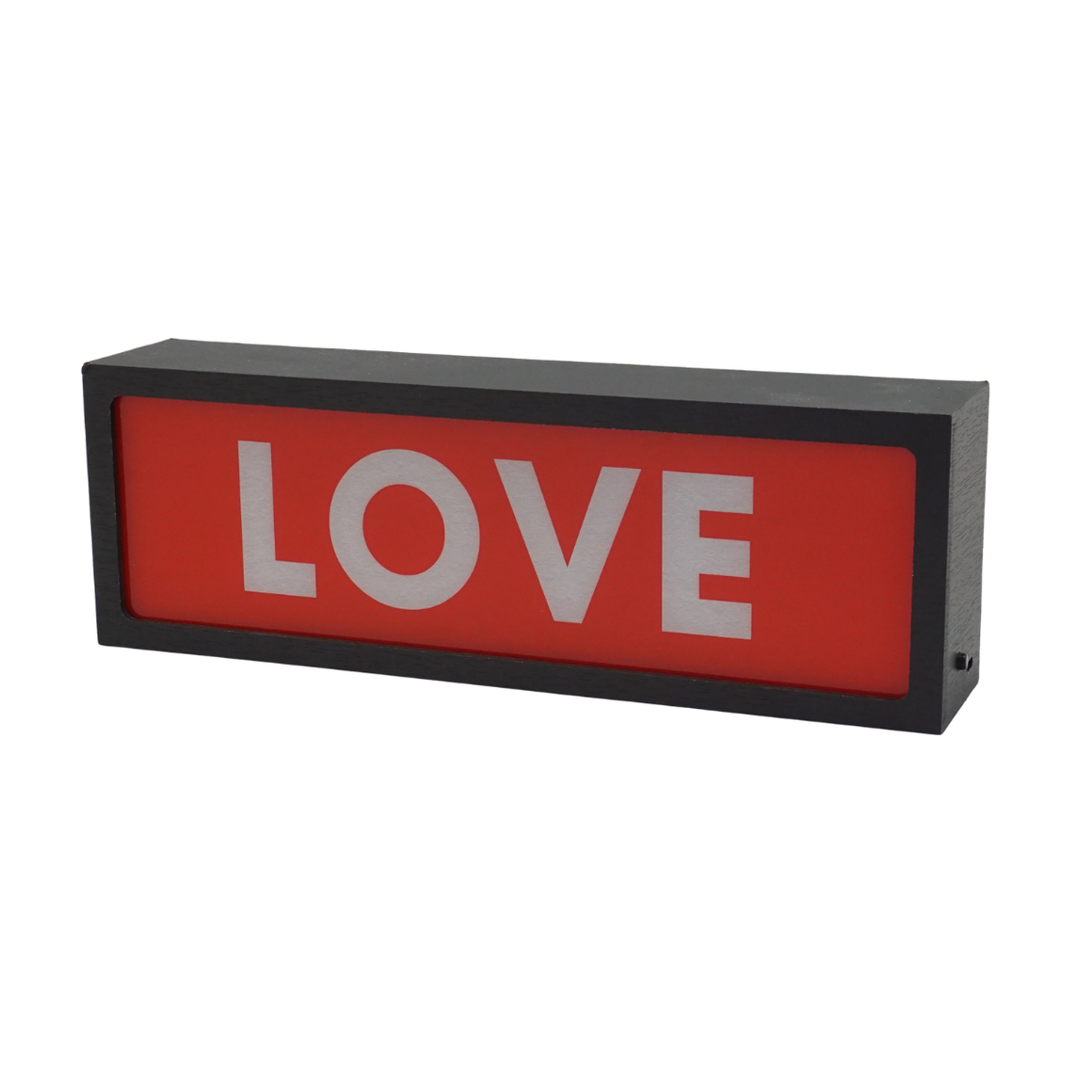 Rectangular sign with 'LOVE' on a red background