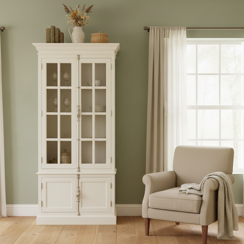 White glass-fronted cabinet next to a beige armchair with a blanket in a room with green walls and a window.