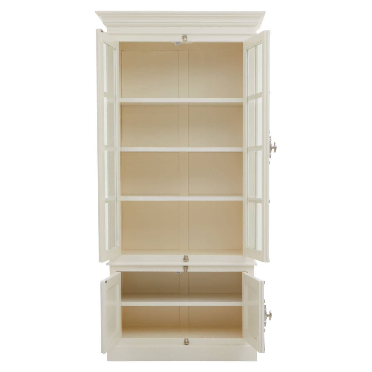 White cabinet with glass doors on a white background