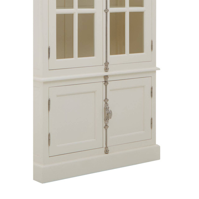 White cabinet with glass doors and decorative handles on a white background