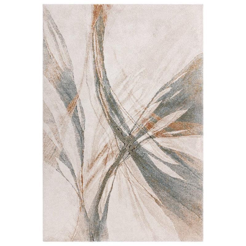 Abstract patterned rug with beige, brown, and gray colors on a white background