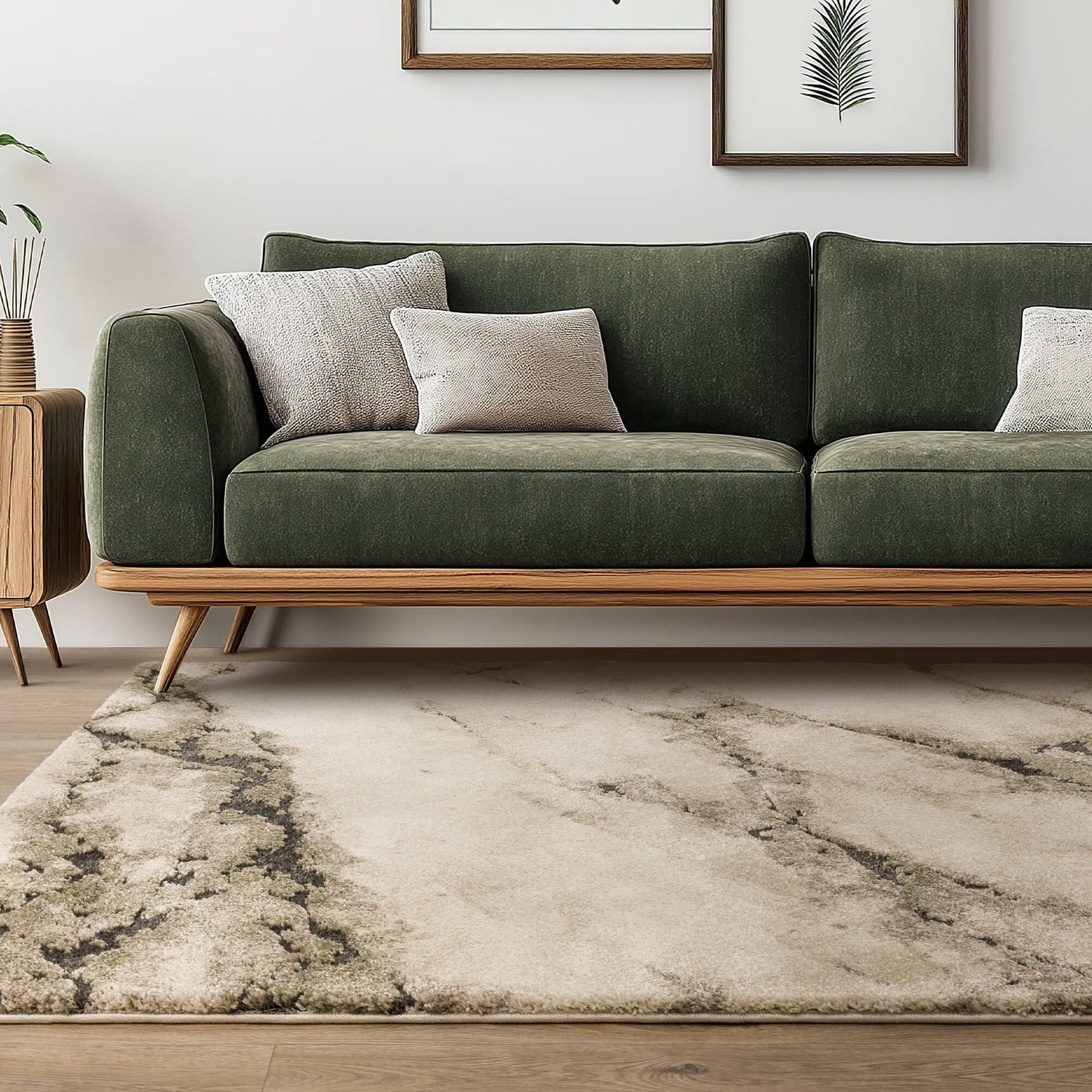 Green sofa with wooden frame in a living room setting