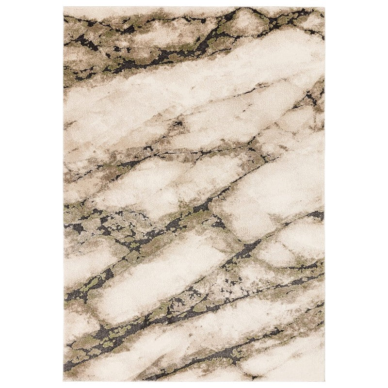 Marble-patterned rug with beige and sage tones on a white background