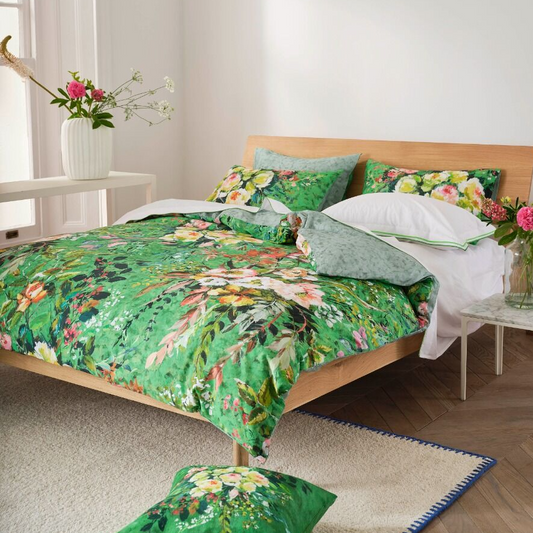 Bedroom with floral bedding and decor