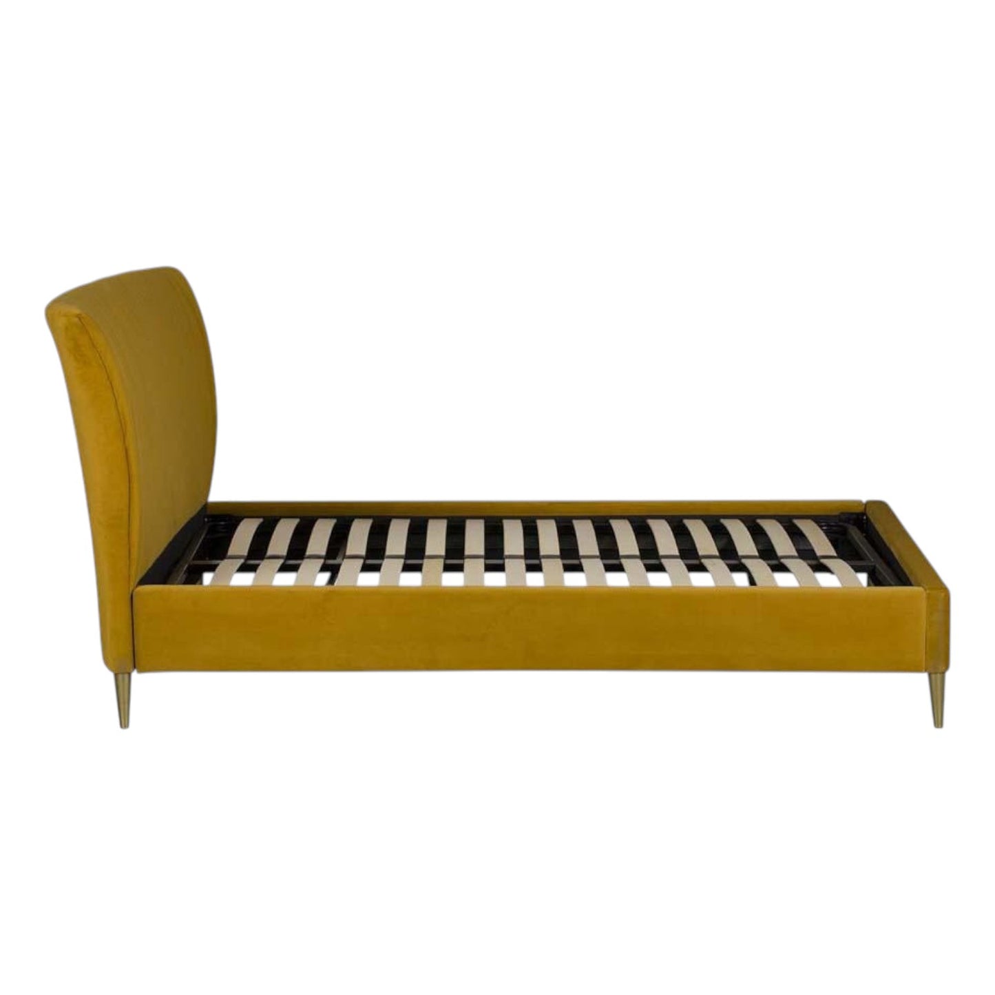 Mustard yellow bed frame on a white background