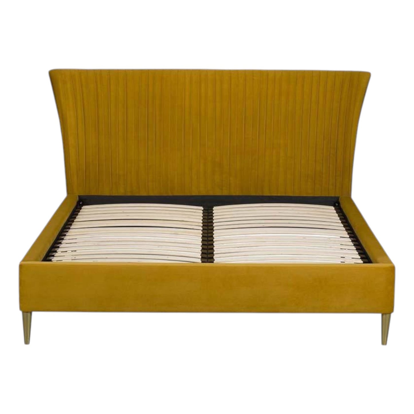 Mustard yellow bed frame with wooden legs on a white background