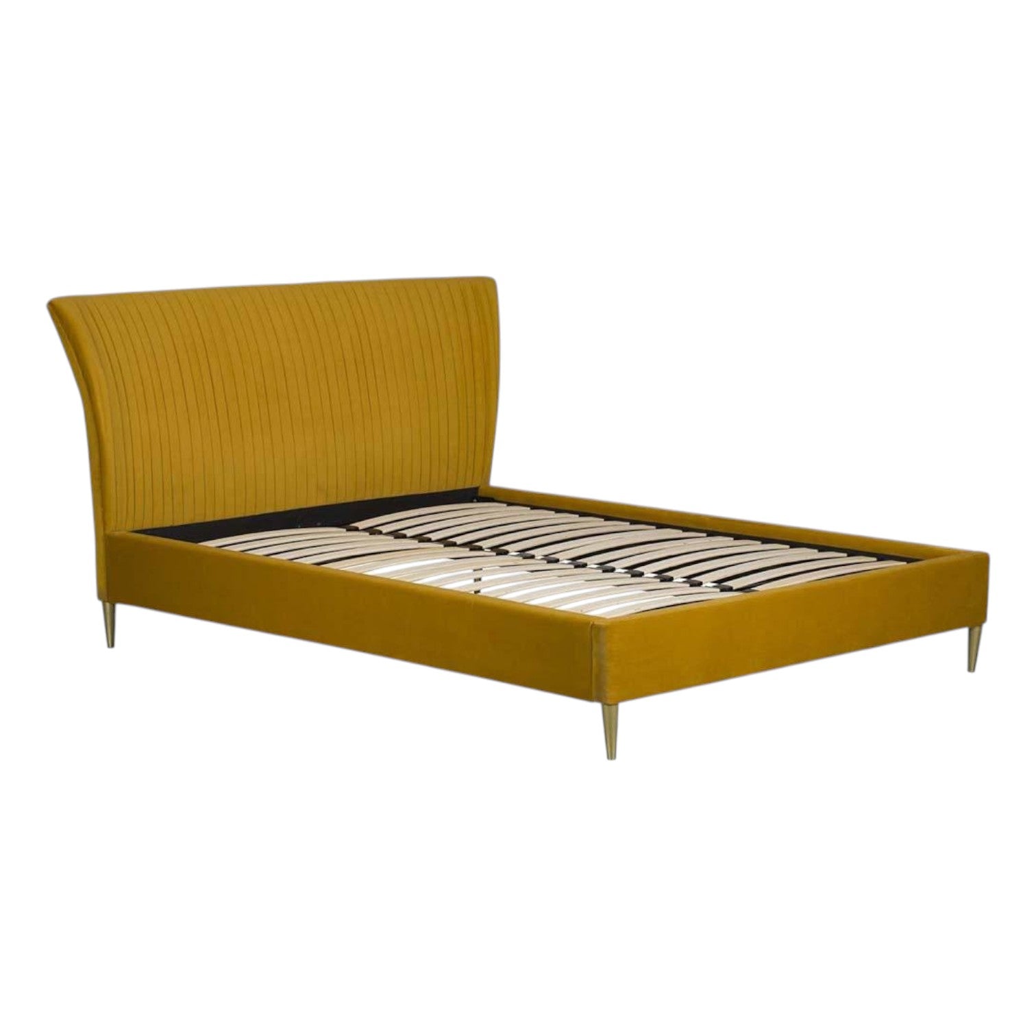 Mustard yellow bed frame on a white background