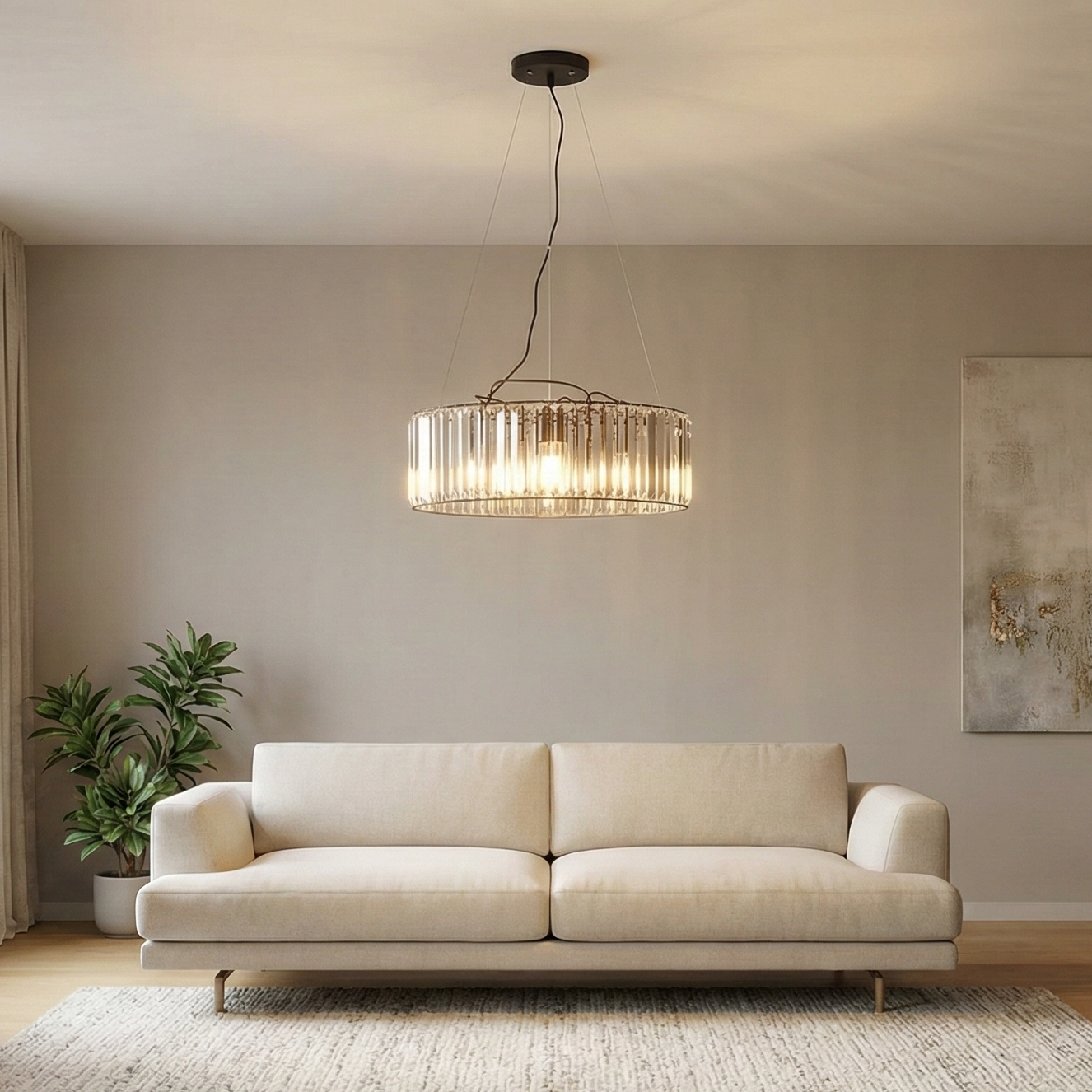 Modern living room with a beige sofa, wooden coffee table, and pendant light.