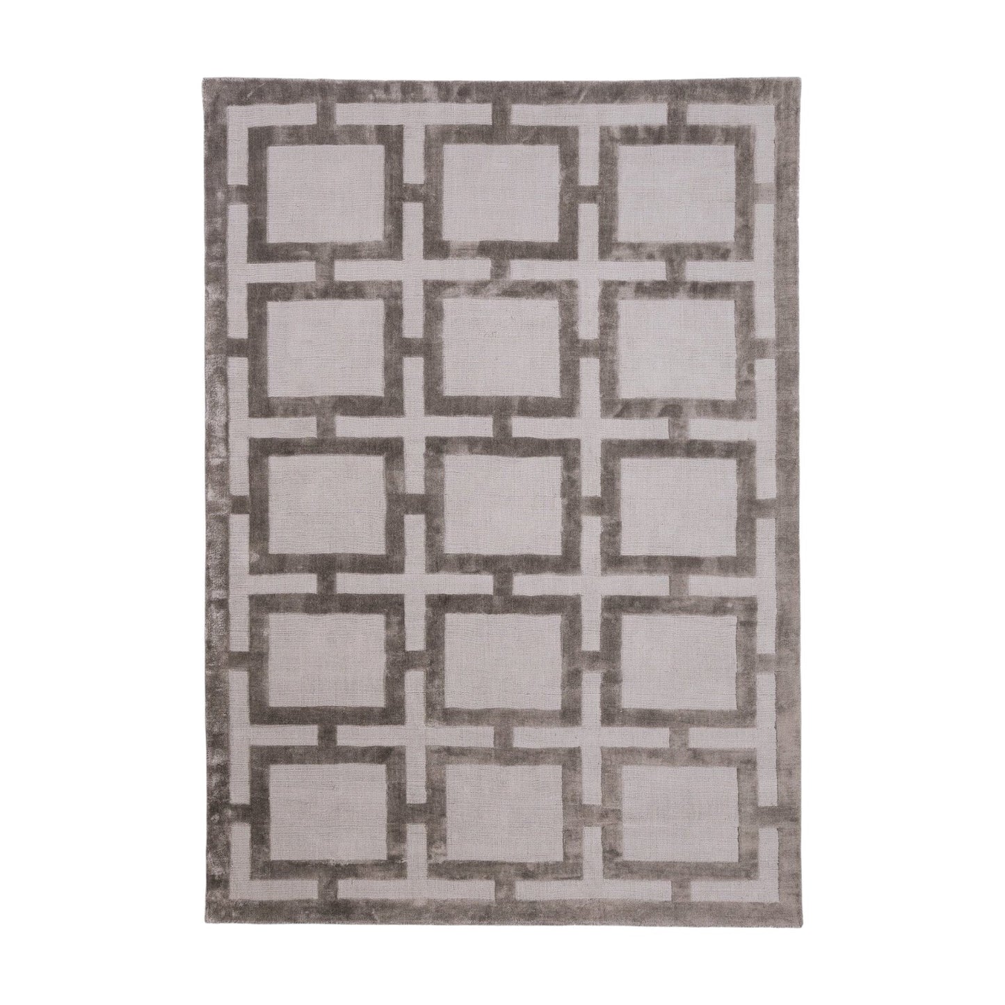 Geometric patterned rug with squares and rectangles on a white background