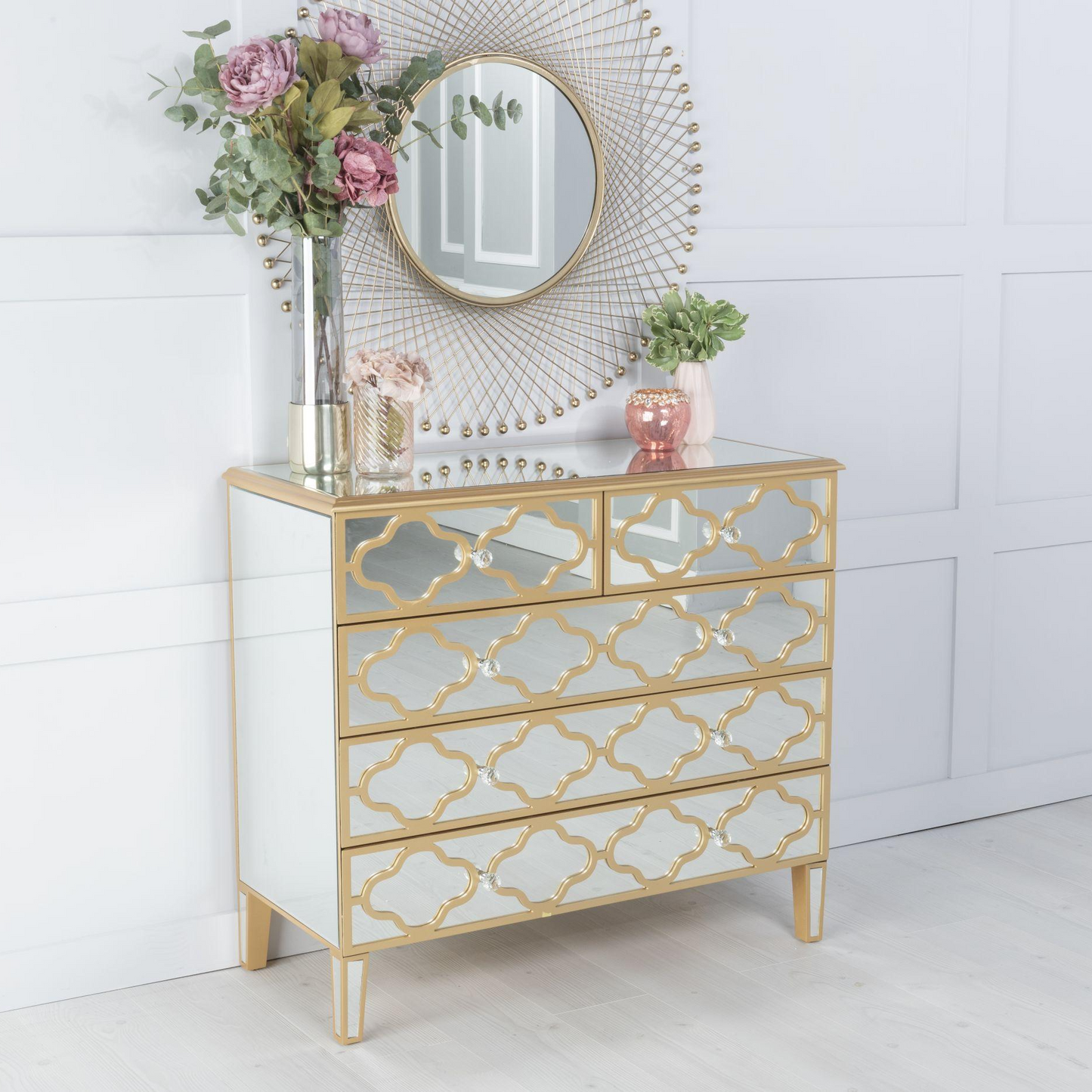 Moroccan Mirrored Gold Trim Five Drawer Chest