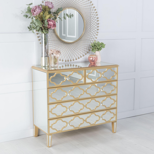 Moroccan Mirrored Gold Trim Five Drawer Chest