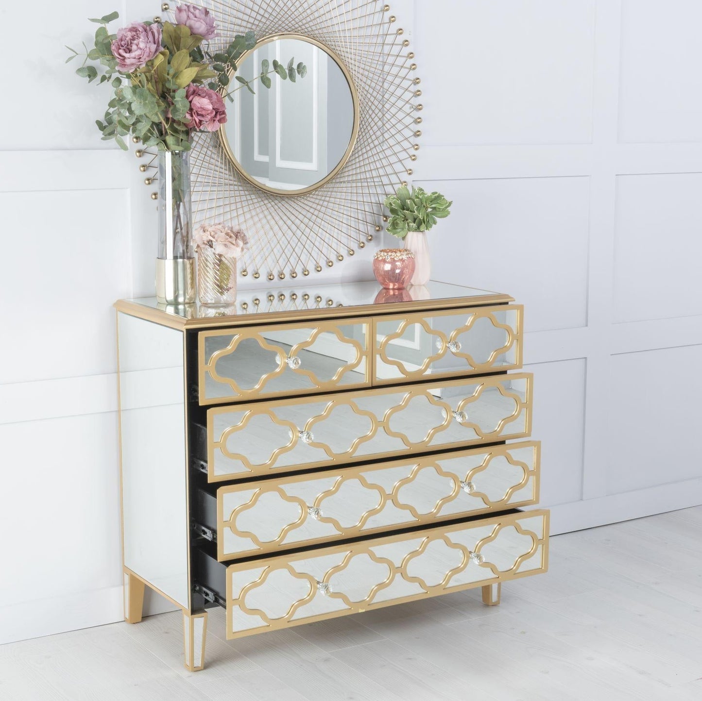 Moroccan Mirrored Gold Trim Five Drawer Chest