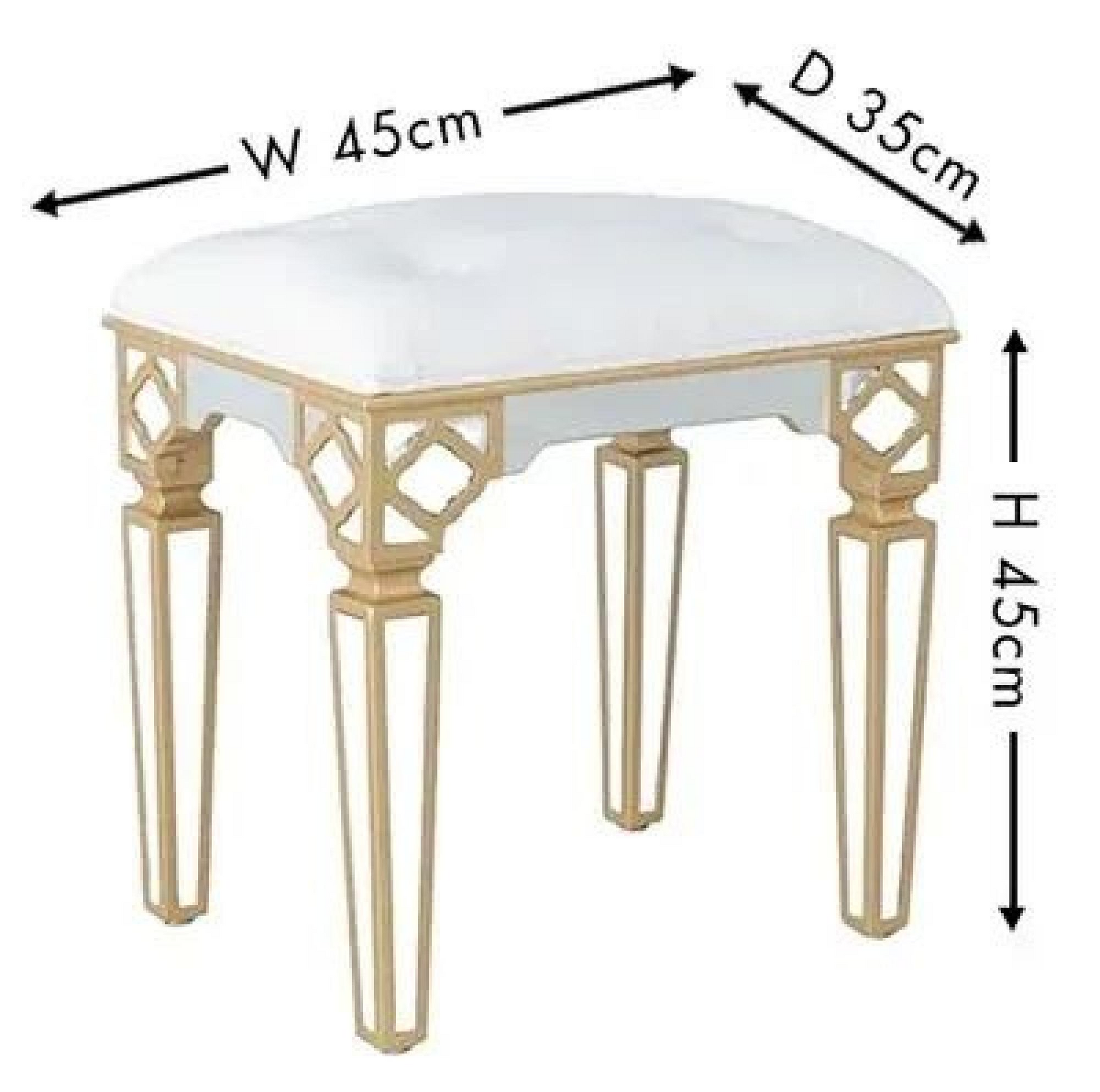 Small table with white cushioned top and gold metal legs, shown with dimensions on a white background.