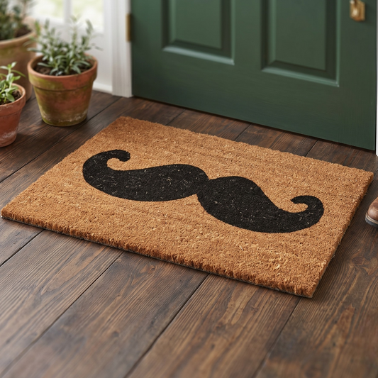 Doormat with a mustache design on a wooden floor in front of a green door.