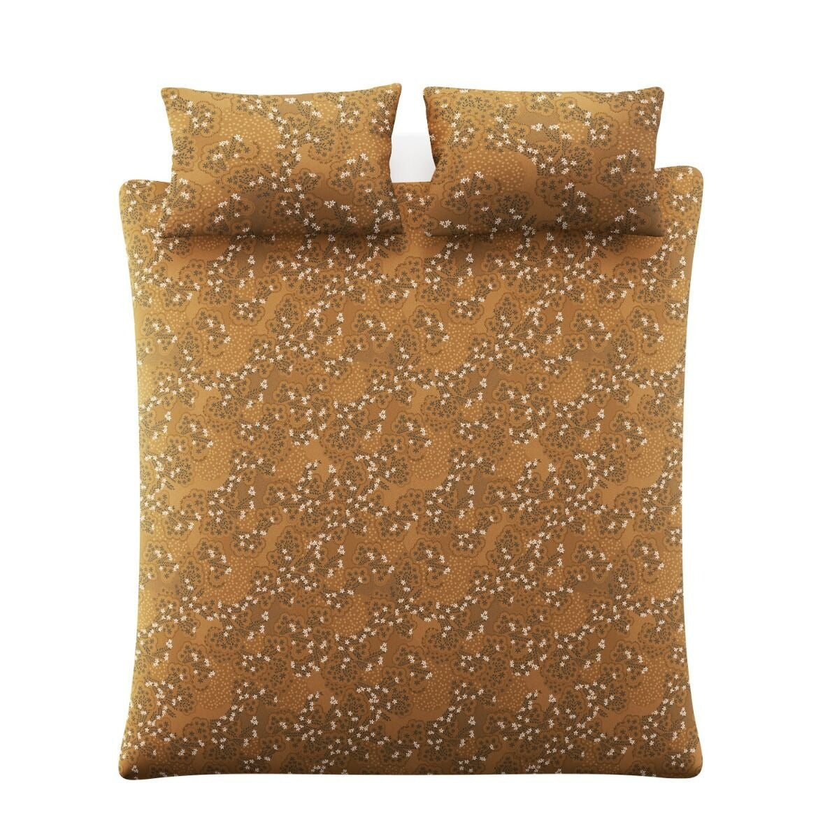 Brown patterned duvet cover set with two matching pillows on a white background