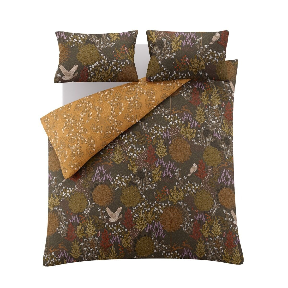 Bedding set with nature-themed design on a white background