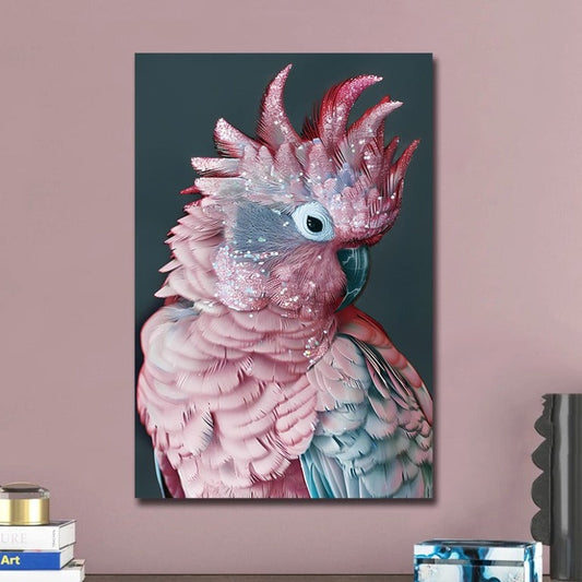 Vibrant wall art featuring a stylised pink cockatiel with exaggerated features, perched against a neutral background. The parrot's vivid pink hues and bold lines create a striking contrast, making this 90cm by 60cm tempered glass print a standout piece for modern or eclectic interiors.