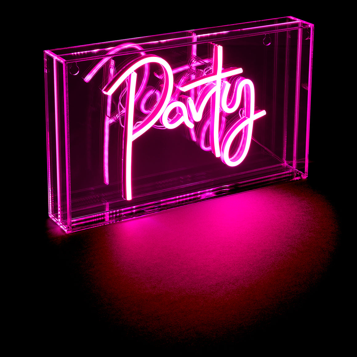 Neon sign with the word 'Party' inside a clear acrylic box on a black background