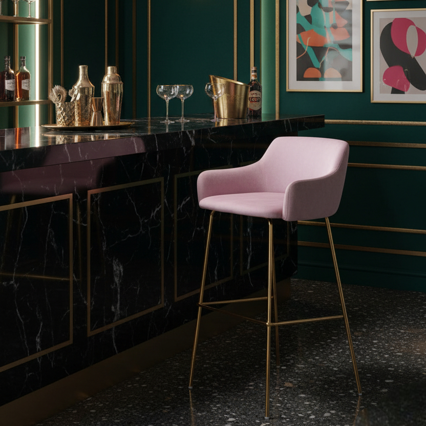 Pink bar stool in a stylish bar setting with green walls, abstract art, and gold accents.