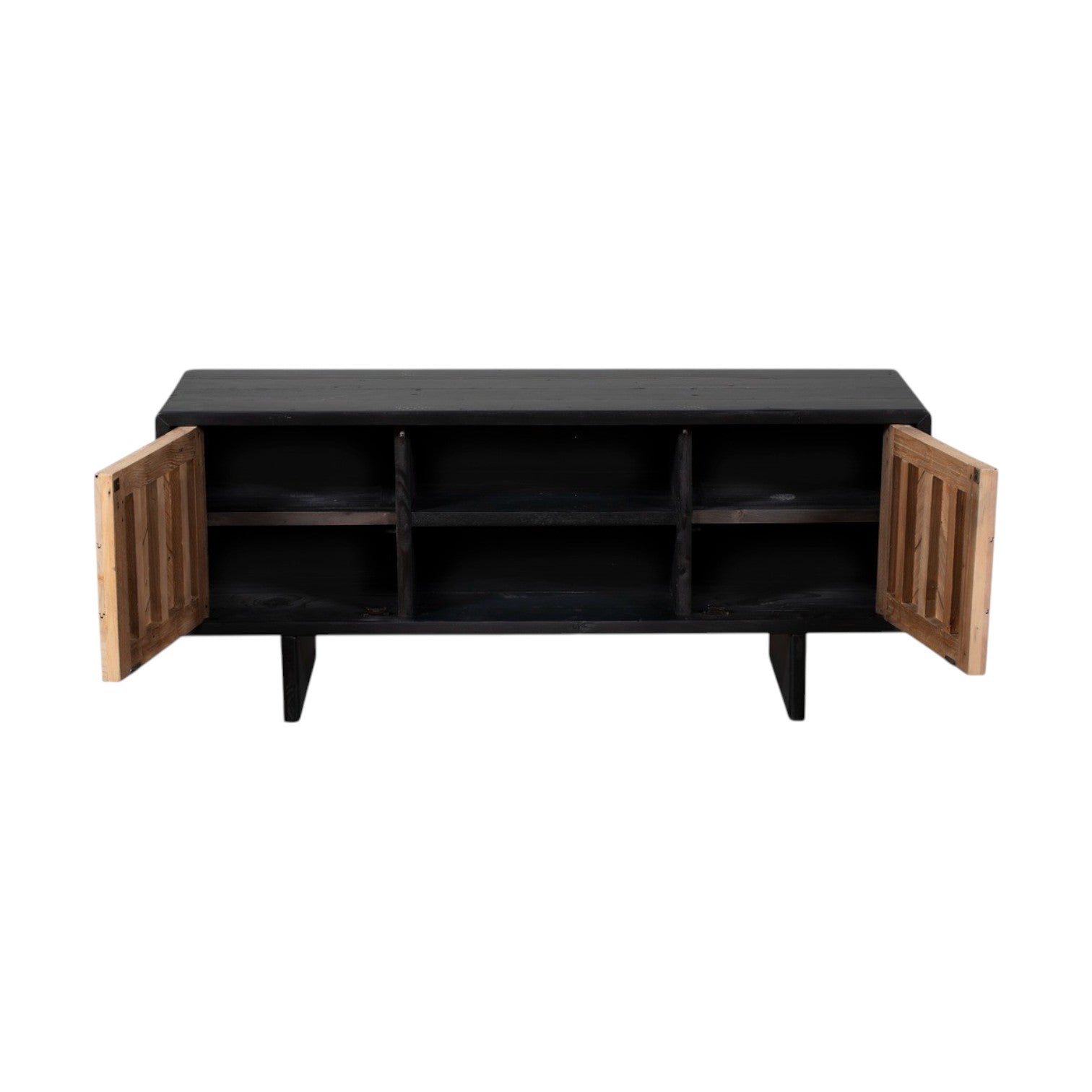 Black cabinet with wooden doors on a white background