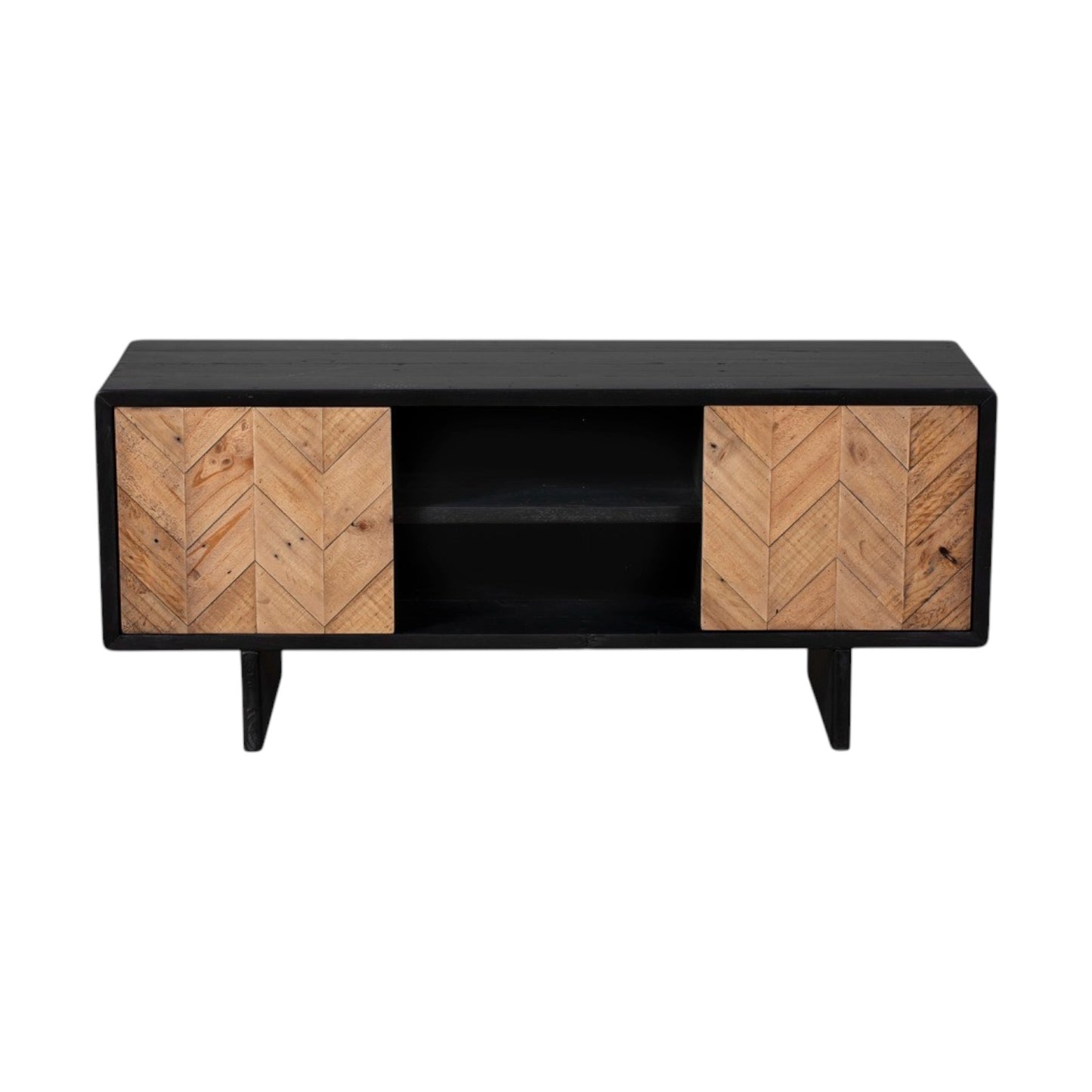 Black TV stand with wood pattern doors on a white background