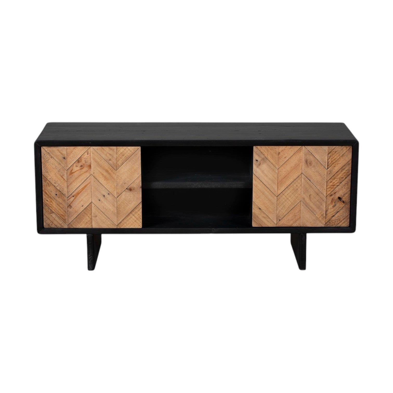 Black TV stand with wood pattern doors on a white background