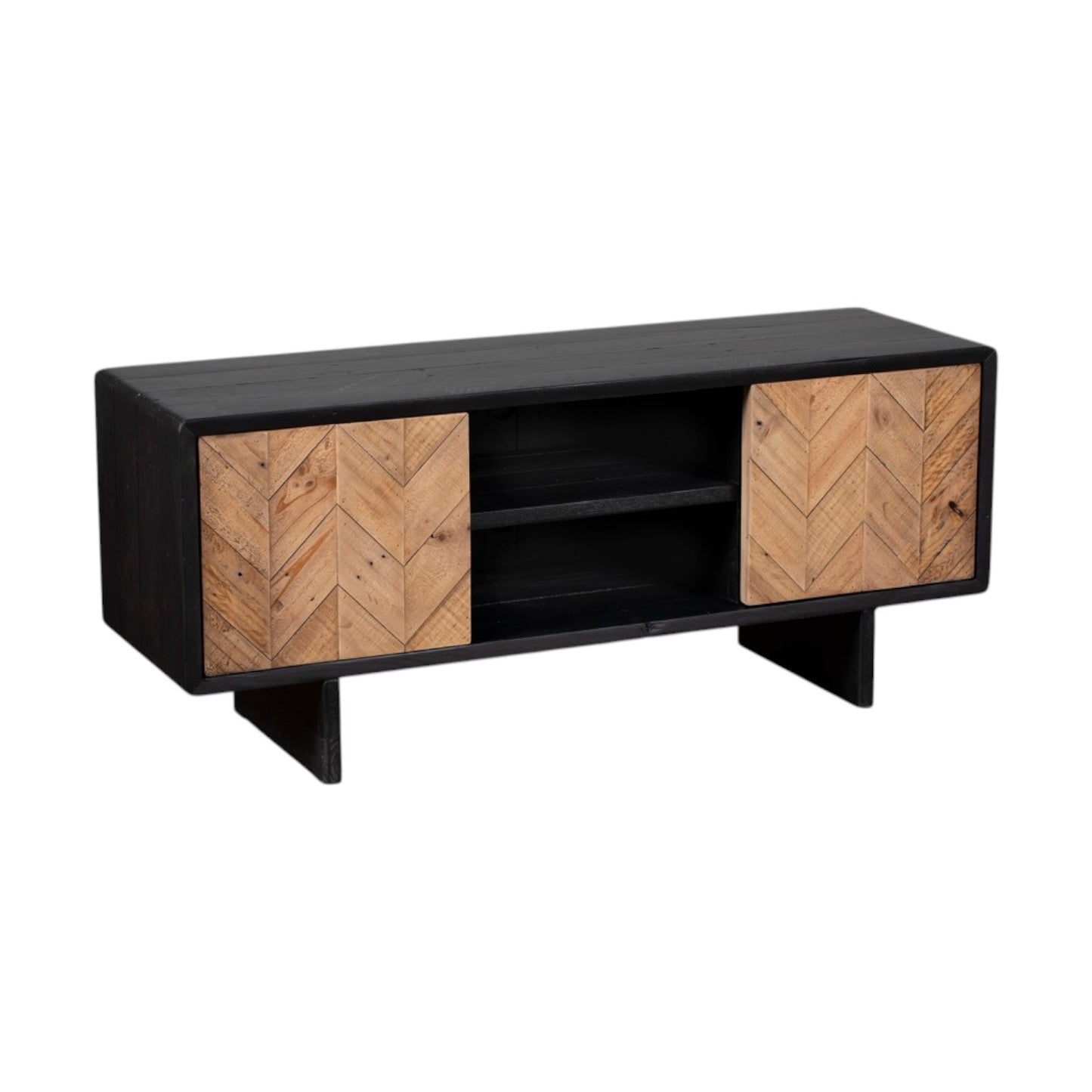 Wooden TV stand with black frame and chevron pattern on doors against a white background